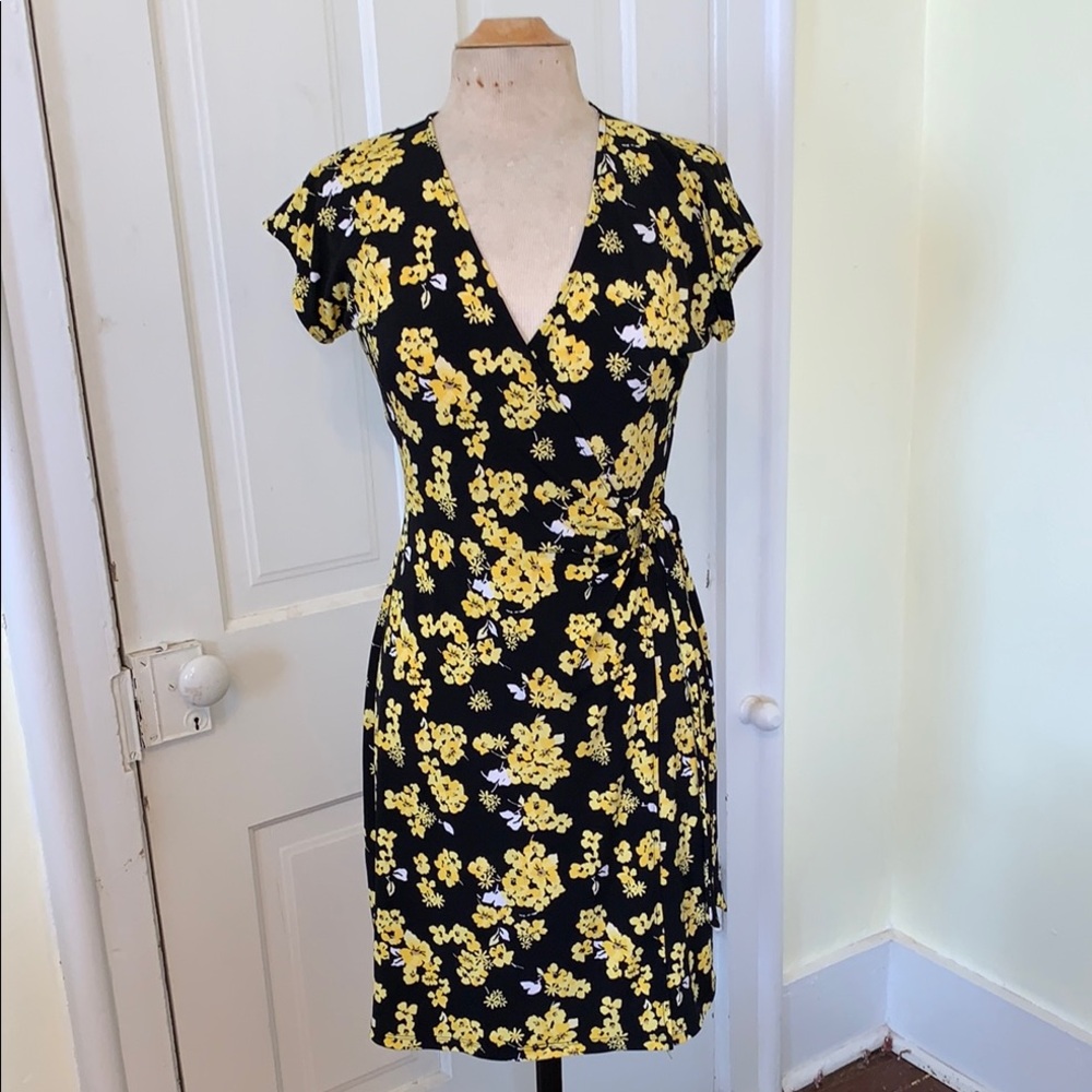 Michael Kors Midi Dress Black & Yellow Floral Print Cap Sleeve Faux Half Wrap  S